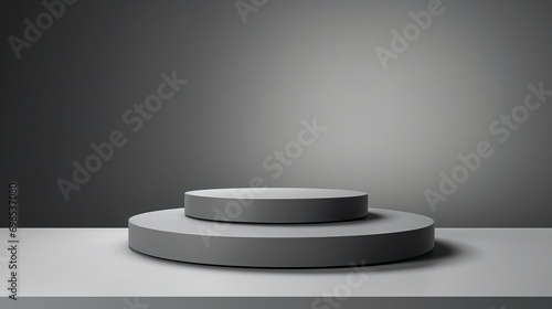A podium with minimal features for displaying products in a pedestal studio with a gray background in 3d rendering.