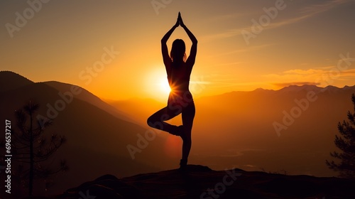 A silhouette of a girl who exercises is practicing yoga on a mountain in the sunlight.