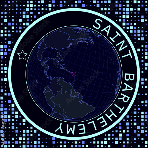 St. Barths on globe vector. Futuristic satelite view of the world centered to St. Barths. Geographical illustration with shape of country and squares background. Bright neon colors on dark background. photo