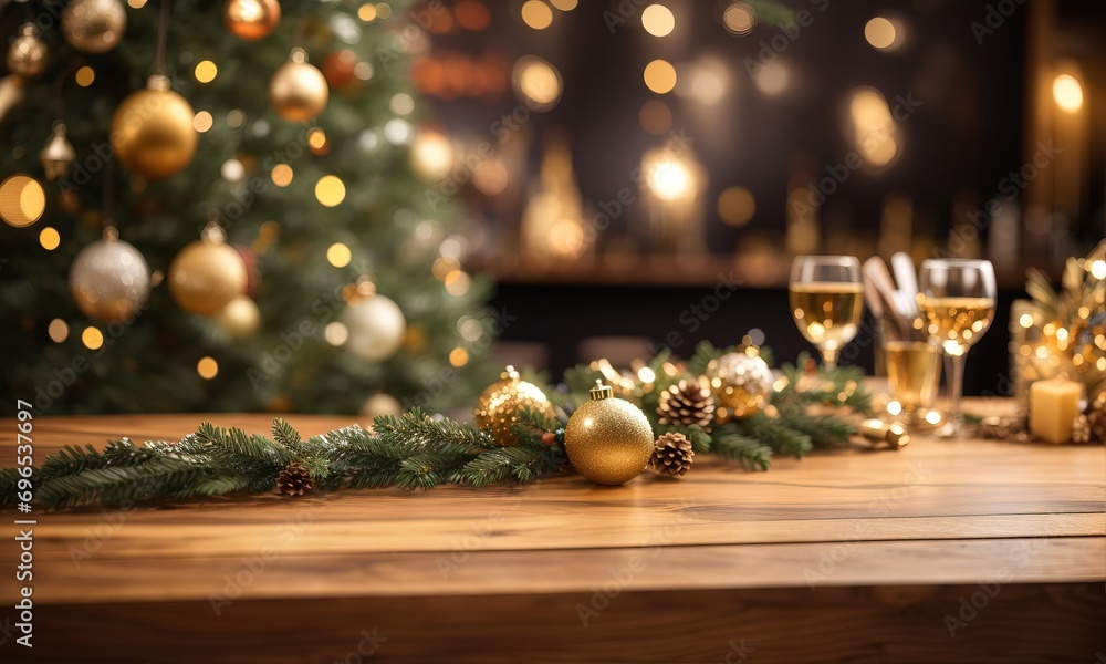 Christmas wooden tablewith defocused decoration background