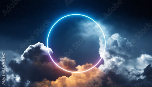 3d rendering abstract futuristic geometric background with neon ring and stormy cloud over night sky round frame with copy space