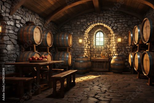 A 3D cobblestone wall pattern in a rustic wine cellar with wooden barrels and a tasting table. 8k 