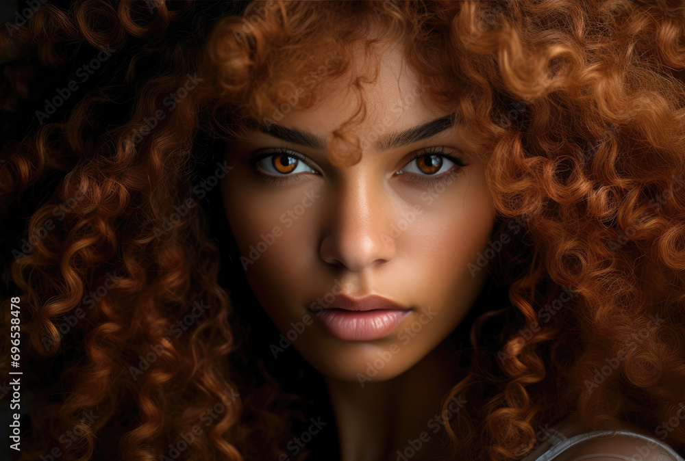 Captivating woman with golden eyes and voluminous curls Captivating woman with golden eyes and voluminous curls