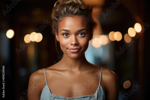 Captivating close-up of a confident woman with glowing bokeh lights, exuding elegance in dim ambiance.