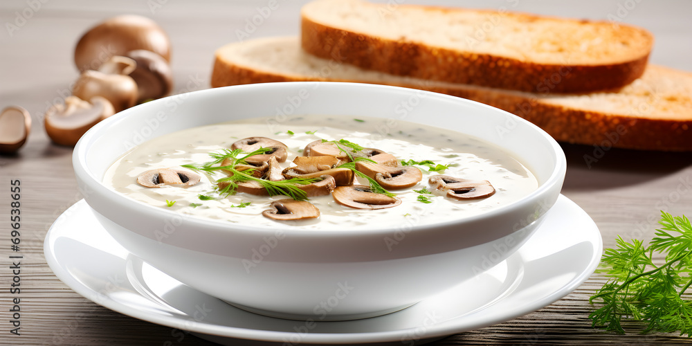 Mushroom creme puree soup in a white bowl with bread sliced, blurry background Mushroom creme puree soup in a white bowl with bread sliced, blurry background