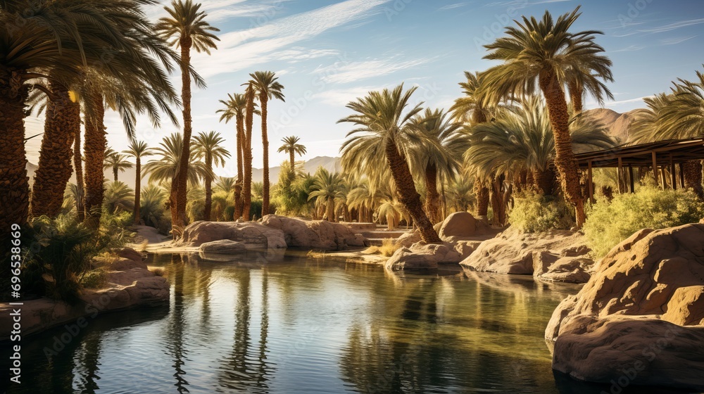 During hot, there is an oasis with palm trees and a pond in the desert.