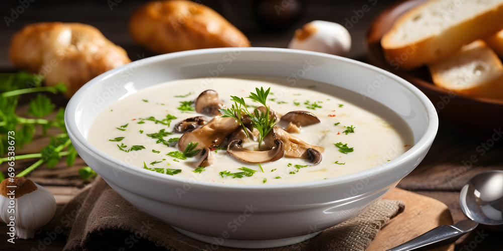 Mushroom creme puree soup in a white bowl, blurry background Mushroom creme puree soup in a white bowl, blurry background