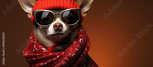 Chihuahua with sunglasses and red winter attire.