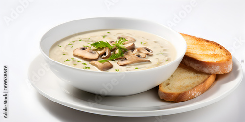Mushroom creme puree soup in a white bowl with bread sliced, white background 