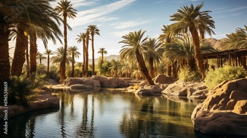 During hot, there is an oasis with palm trees and a pond in the desert.