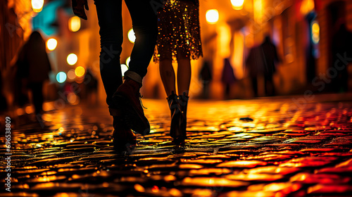 Young woman with a short skirt and high heels, walking on a city street alone at night, getting stalked by a man. Concept of assault on women alone in the night. 