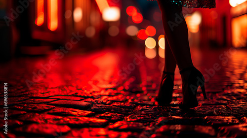 Woman standing in a red light district wearing a short skirt and high heels on a cobblestone street. Concept of prostitution and human trafficking. 