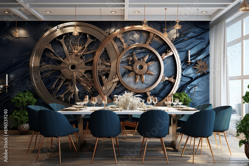 A 3D wave-patterned metal wall in a nautical-themed dining area with a ship-wheel table and navy blue chairs. 8k,