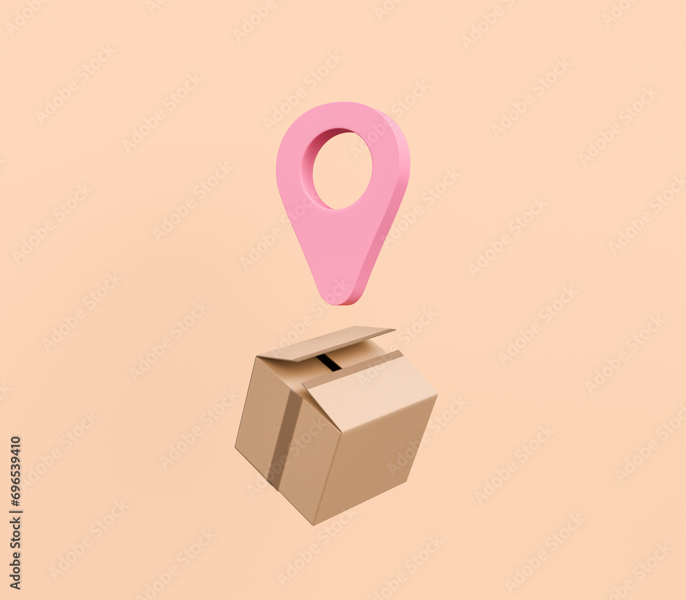cardboard package with a pink location marker above it on a peach background. Package tracking and delivery services concept cardboard package with a pink location marker above it on a peach background. Package tracking and delivery services concept