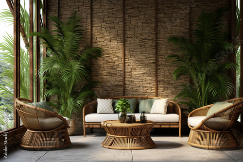 A 3D woven bamboo wall pattern in a tropical sunroom with floor-to-ceiling windows and lush planters. 8k,