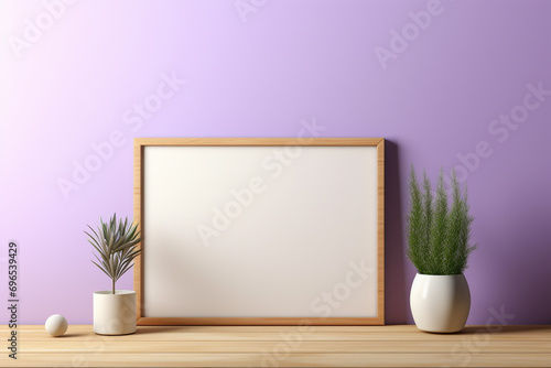 A bold cedar frame on a pale lemon wall, featuring a blank cobalt mockup, illuminated by a soft plum radiance, empty blanked mockup, 8k, photo