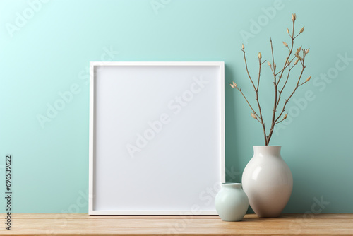 A bold elm frame on a soft powder blue wall, with a blank jade mockup, under a bright opal light, empty blanked mockup, 8k,