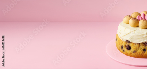 horizontal banner, Mothers Day, Mothering Sunday, traditional dessert, marzipan balls, simnel cake, place for text photo