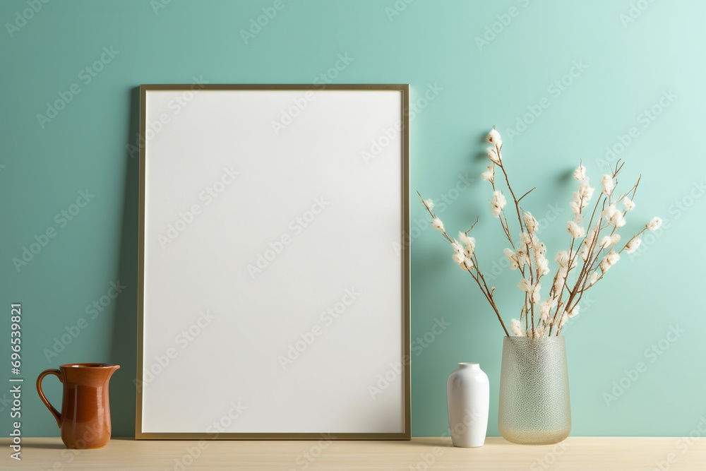 A charming birch frame on a muted turquoise wall, presenting a blank gold mockup, bathed in a warm beige light, empty blanked mockup, 8k, A charming birch frame on a muted turquoise wall, presenting a blank gold mockup, bathed in a warm beige light, empty blanked mockup, 8k,