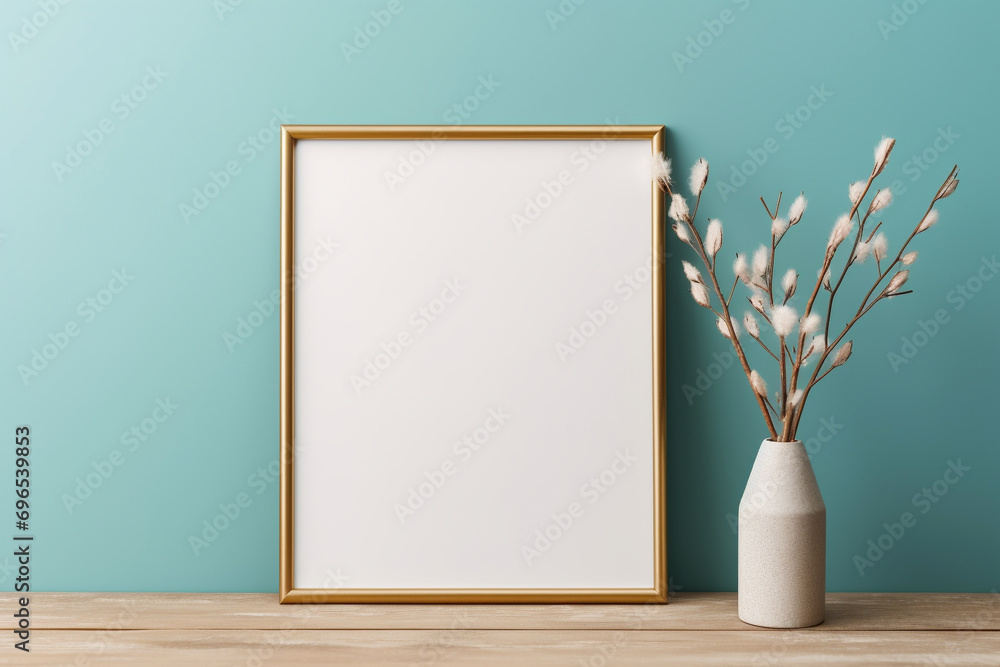 A charming birch frame on a muted turquoise wall, presenting a blank gold mockup, bathed in a warm beige light, empty blanked mockup, 8k, A charming birch frame on a muted turquoise wall, presenting a blank gold mockup, bathed in a warm beige light, empty blanked mockup, 8k,