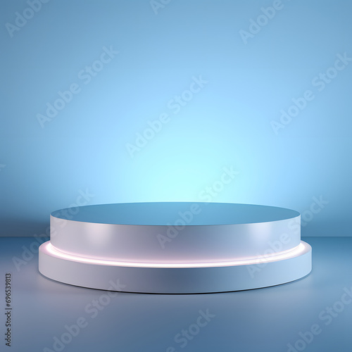 Podium of an round shape against a light blue wall with beautiful backlighting. Trendy modern background for presentation.