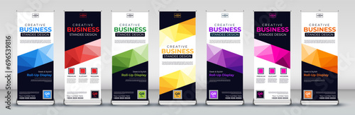 abstract Business Roll Up Banner stand creative design and Sale banner stand or flag design layout in red, blue, green, orange, pink, purple and yellow colors 