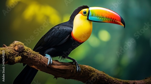 The toucan is perched on a branch in multicolor.