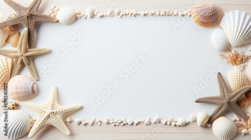 A frame is placed over the top view of starfish and seashells.