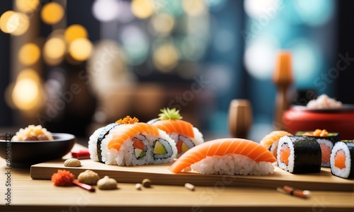 Sushi fresh sasimi on wooden table with bokeh background