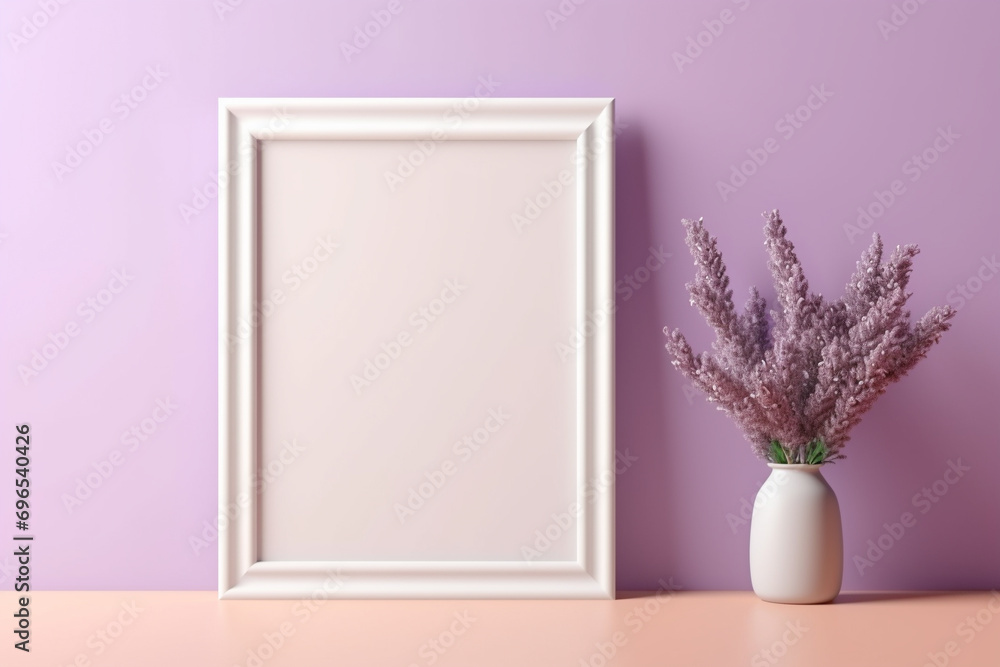 A delicate beech frame on a bright lavender wall, with a blank sage mockup, set in a gentle coral light, empty blanked mockup, 8k, - obrazy, fototapety, plakaty 