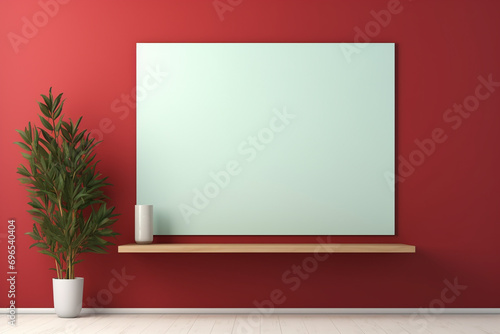 A delicate beech frame on a bright olive wall, with a blank crimson mockup, set in a gentle emerald light, empty blanked mockup, 8k,