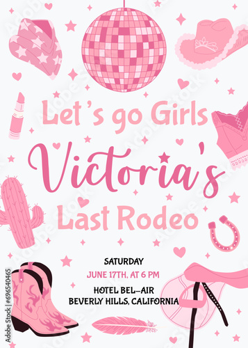 Hen Party invitation card. Last rodeo bachelorette party invitation template. Cowgirls disco party. Wedding stationery. Vector illustration. photo