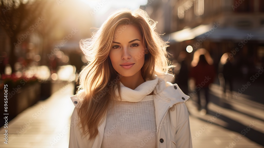 A young blonde caucasian woman in pamplona is posing for the camera in the sunlight