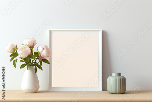 A hand-polished hickory frame on a serene eggshell wall, showcasing a blank pistachio mockup, highlighted by a soft rose light, empty blanked mockup, 8k,