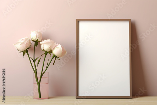 A hand-polished hickory frame on a serene eggshell wall, presenting a blank pistachio mockup, highlighted by a soft rose glow, empty blanked mockup, 8k,
