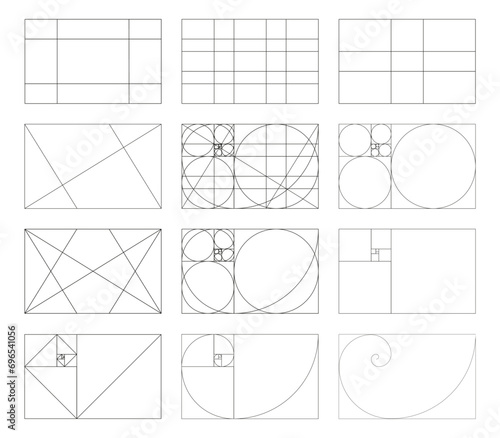 Golden ratio template. Method golden section. Set of harmony proportions rectangles. Vector outline illustration. Fibonacci array, numbers. Collection of golden proportions. photo