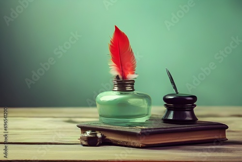 Vintage old red quill pen with inkwell on wooden table front gradient mint green wall background. Retro style filtered photo Generative Ai
