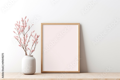 A minimalist light oak frame on a pure white wall, holding a blank ash-gray mockup, illuminated by a soft pink glow, empty blanked mockup, 8k, photo