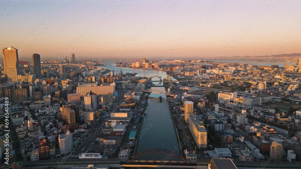 osaka city bay aerial view drone at sunrise dawn,flying over ajigawa river industrial area at dawn osaka city bay aerial view drone at sunrise dawn,flying over ajigawa river industrial area at dawn