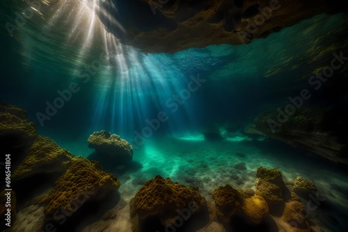 A peaceful underwater cave with beams of sunlight filtering through © Rao