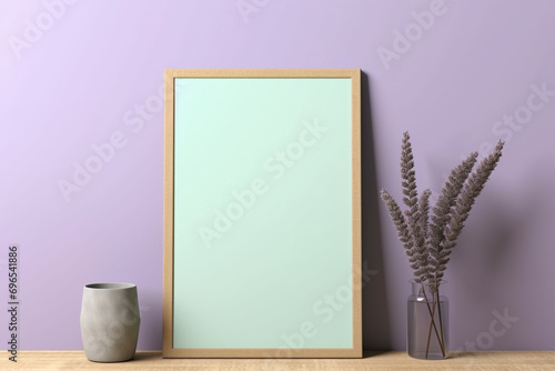 A quaint larch frame on a pastel mint wall, containing a blank burgundy mockup, set in a gentle lilac light, empty blanked mockup, 8k,