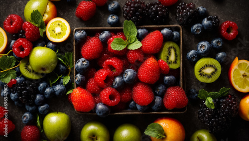  organic  fruits and berries on a dark background © tanya78