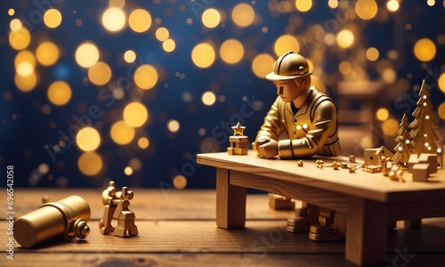Toy wooden worker man and decorations with defocused starry night background with golden bokeh