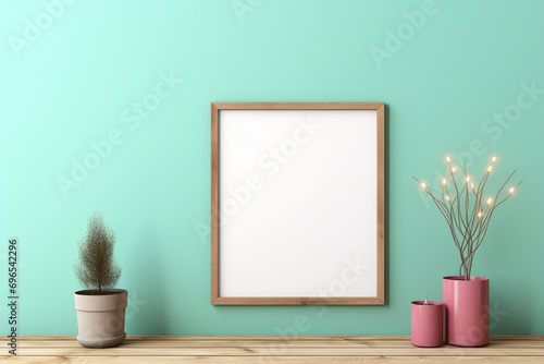 A rustic larch frame on a pastel lime wall, containing a blank burgundy mockup, lit by a subtle aquamarine illumination, empty blanked mockup, 8k,