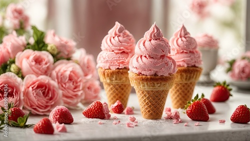Sumptuous Strawberry Ice Cream Cones on a Table  A High-Quality Product Photograph