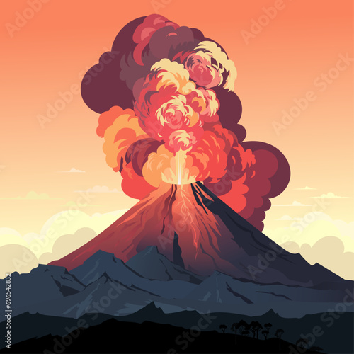 Vector landscape panorama of mountains with a smoking explosion of a volcano, a crater and erupting liquid magma, rocks and trees. Mountain Volcano Crater Hot Natural Disaster And Explosion