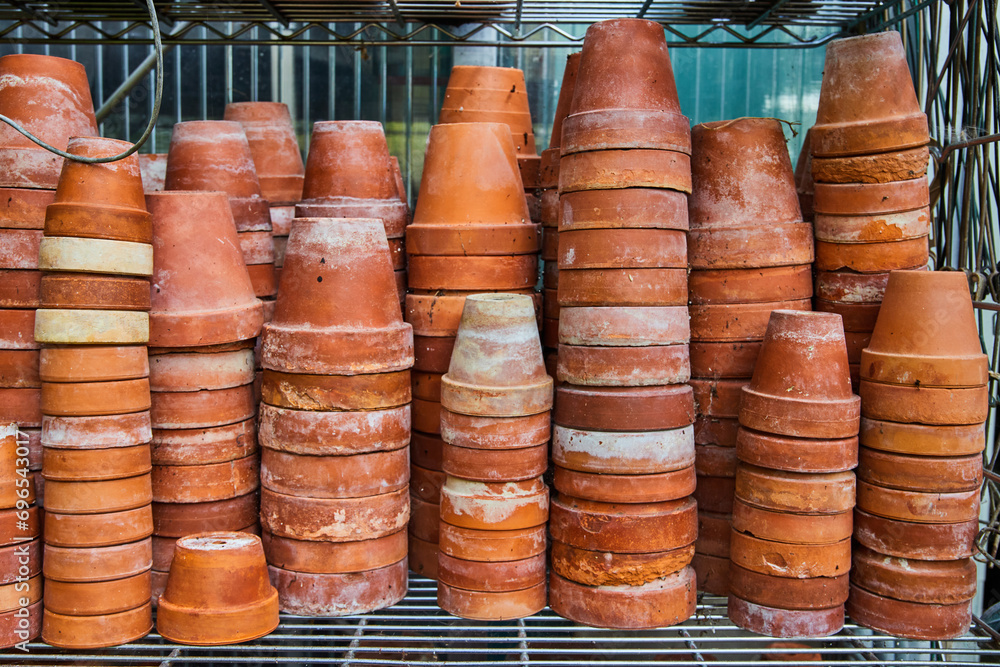 Terracotta Pot Collection in Greenhouse, Eye-Level View Terracotta Pot Collection in Greenhouse, Eye-Level View