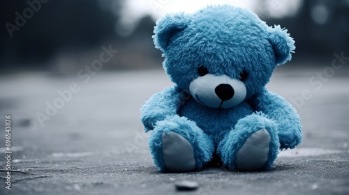 Blue sad bear on the rainy street photo