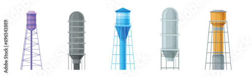 Tall Water Tower with Metal Tank for Liquid Storage Vector Set