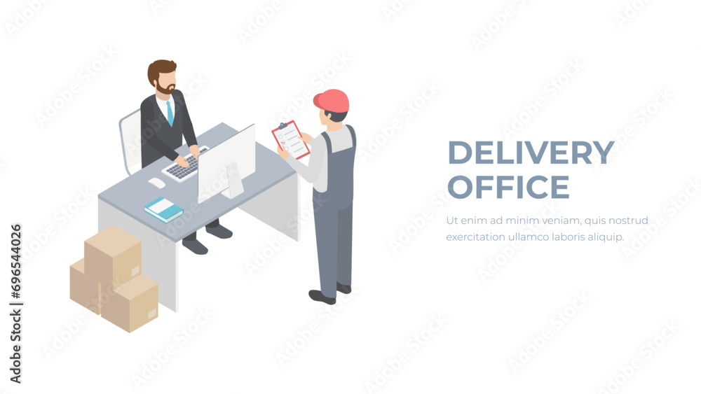 Delivery office isometric flat 3D interior of post office. Vector illustration post service Delivery office isometric flat 3D interior of post office. Vector illustration post service
